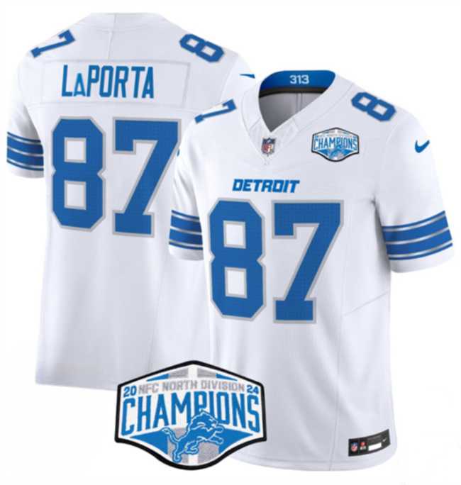Men%27s Detroit Lions #87 Sam LaPorta White 2024 NFC North Champions F.U.S.E. Vapor Limited Stitched Jersey